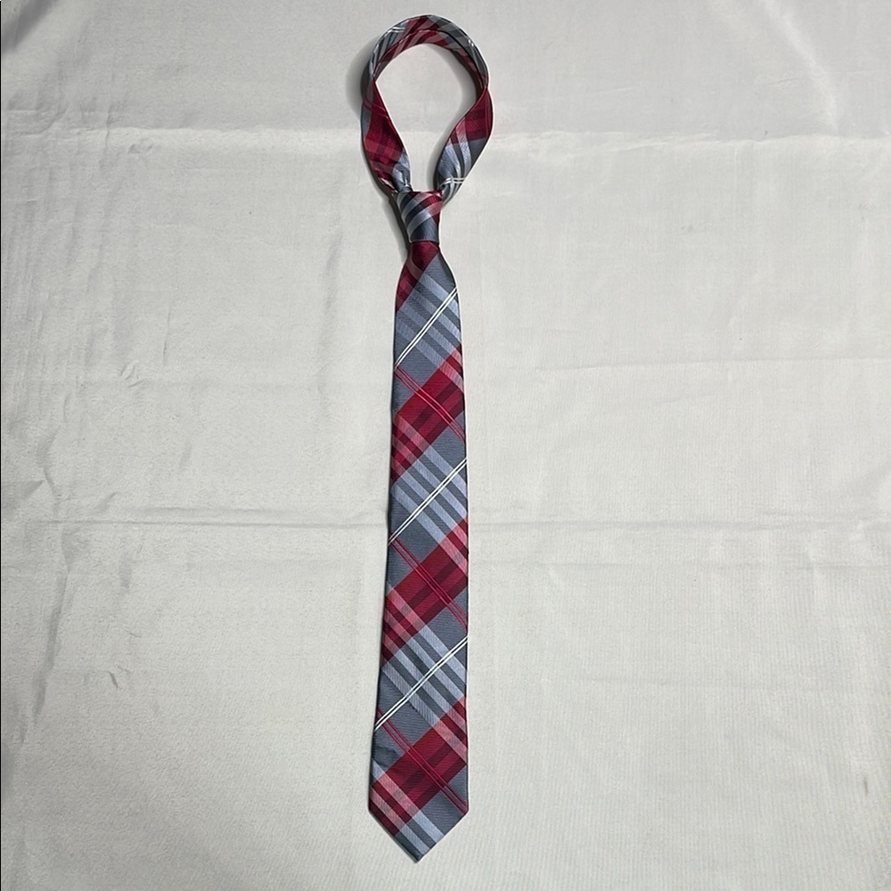 GEOFFREY BEENE Red and Gray Plaid Tie